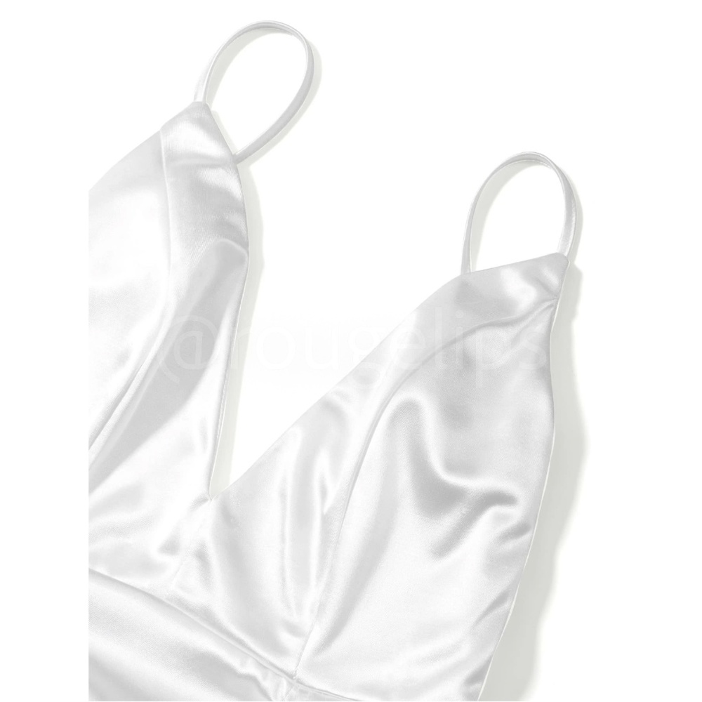 White Deep V Neck Backless Ruched Long Wedding Slip Sheath Dress - Picture 7 of 17